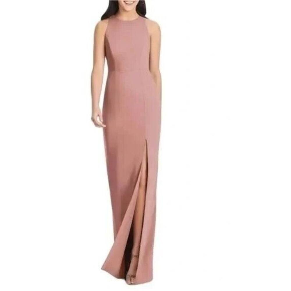 NWT Dessy Collection Crepe Sleeveless Diamond Cutout Front Slit Gown 6 Rose Pink